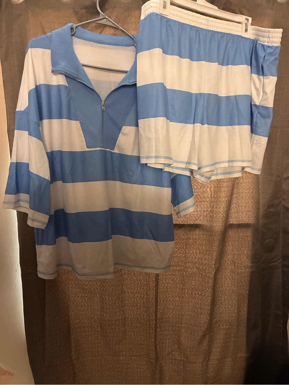 Blue and White Striped Lounge Set - Short Sleeve Top & Shorts